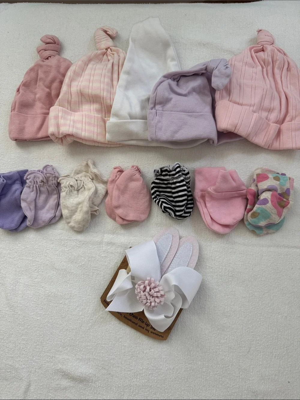 Baby Girls Pink & Lavender Newborn Hat and Mittens Set- 5 hats 7 mittens 1- ears